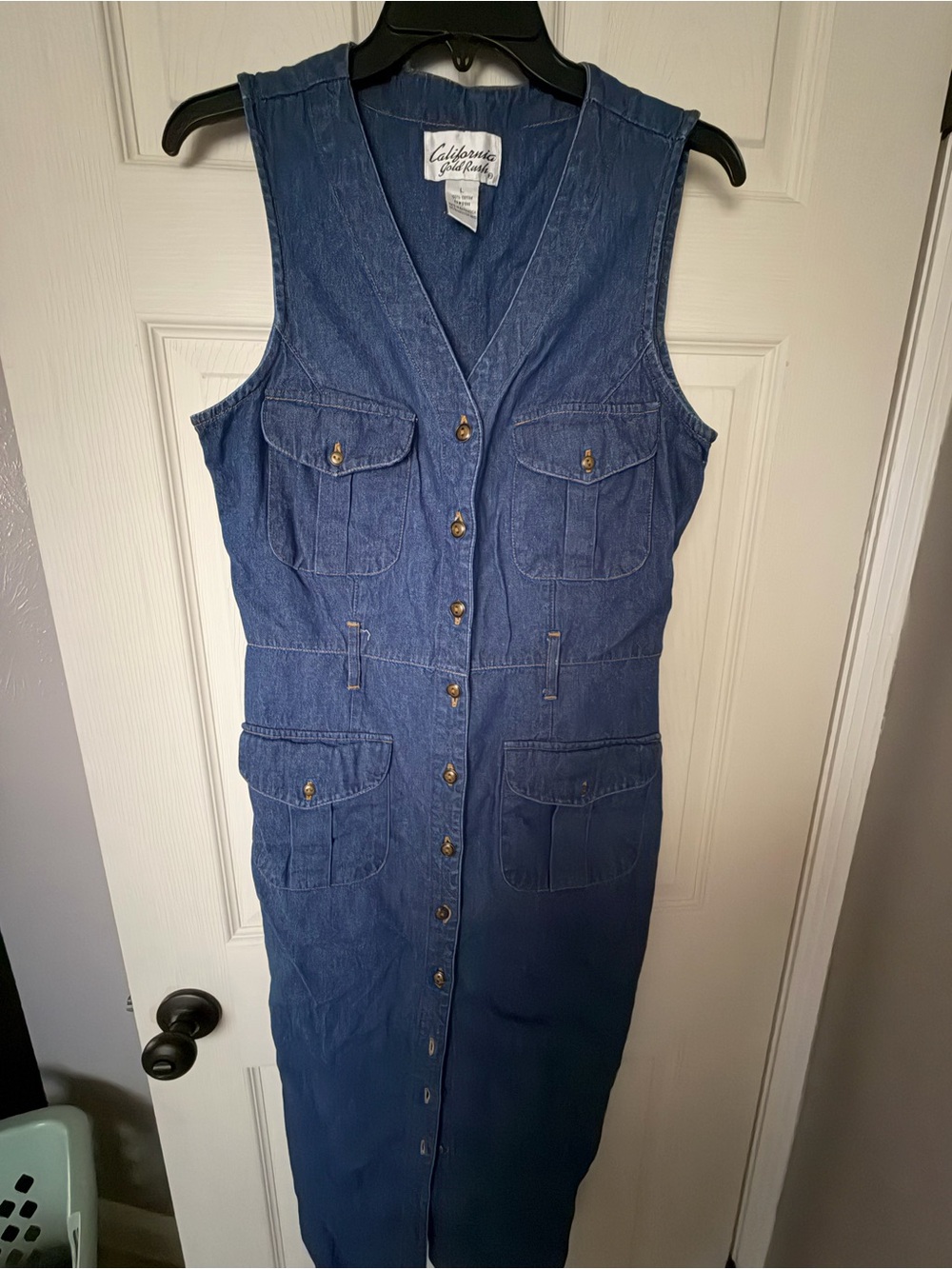 California Gold Rush Label Denim Button-Front Utility Dress - Blue L